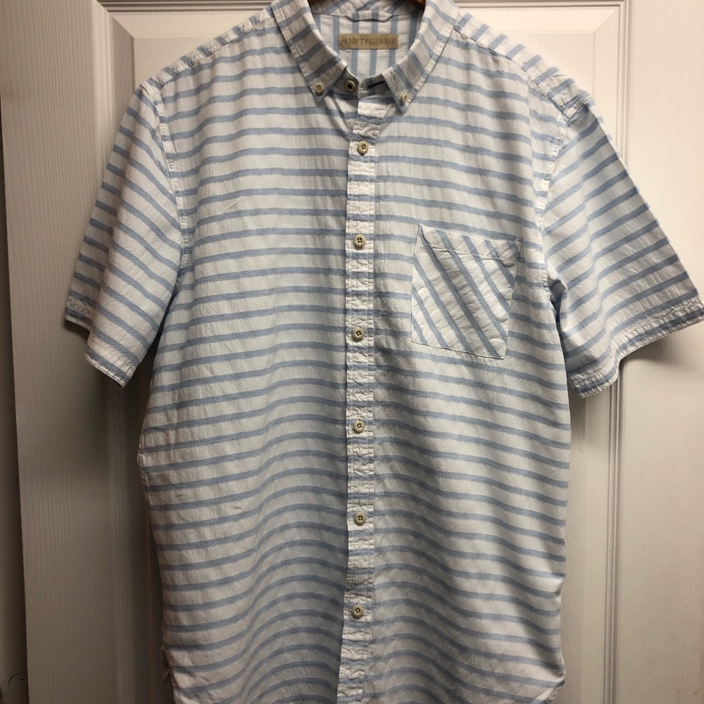 Short-Sleeve Striped Button-Down Shirt — Light Blue / White
